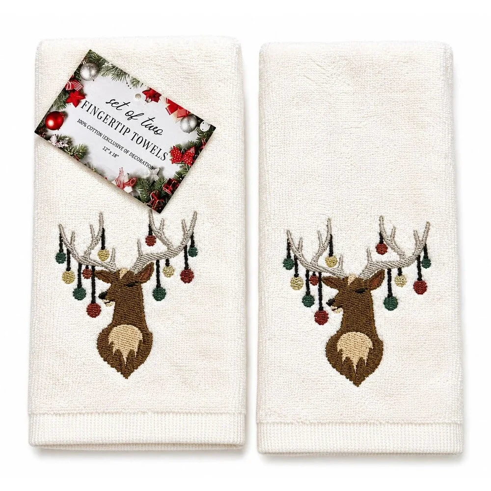 Christmas Fingertip Towels Reindeer Ornaments Embroidered Ivory Holiday Set of 2